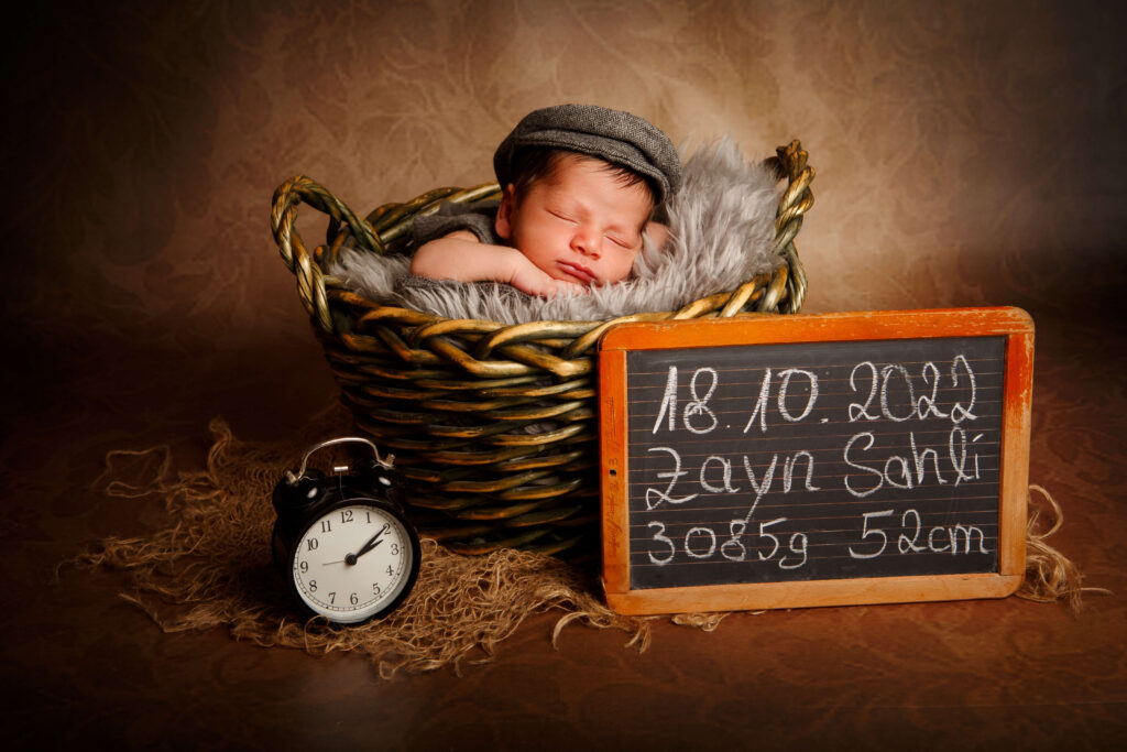 Neugeborenes liegt in einem Korb, daneben eine Uhr und eine Tafel mit Name, Geburtsdatum und Gewicht.