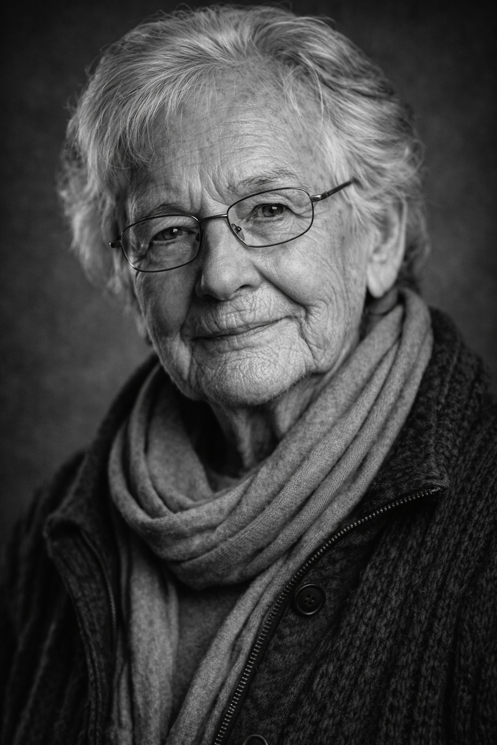 Oma mit brille schaut direkt in die Kamera