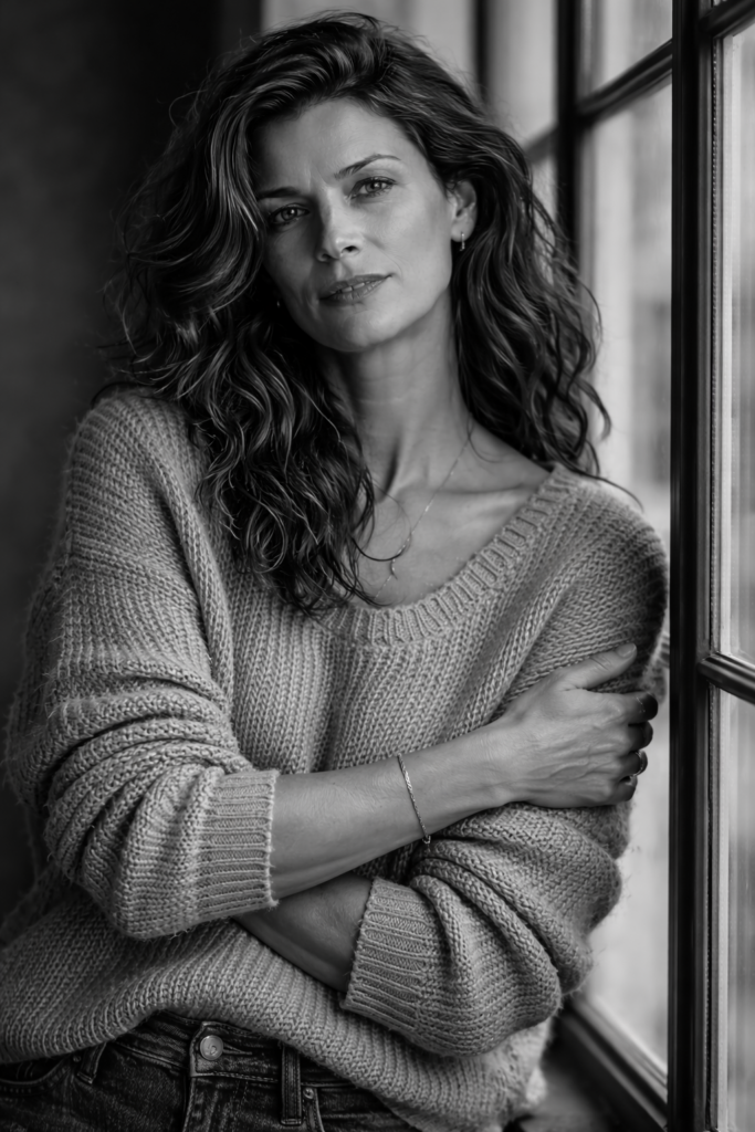 junge Frau lehnt sich an ein fenster, foto ist in schwarz weiß